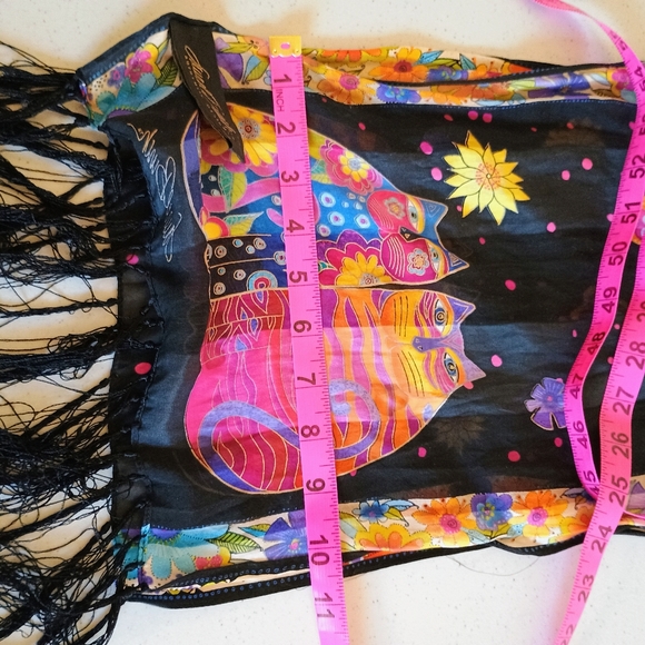 Laurel Burch Fringed Silk Scarf, Black/Bright Multi with Humorous Cat Designs - Picture 10 of 10